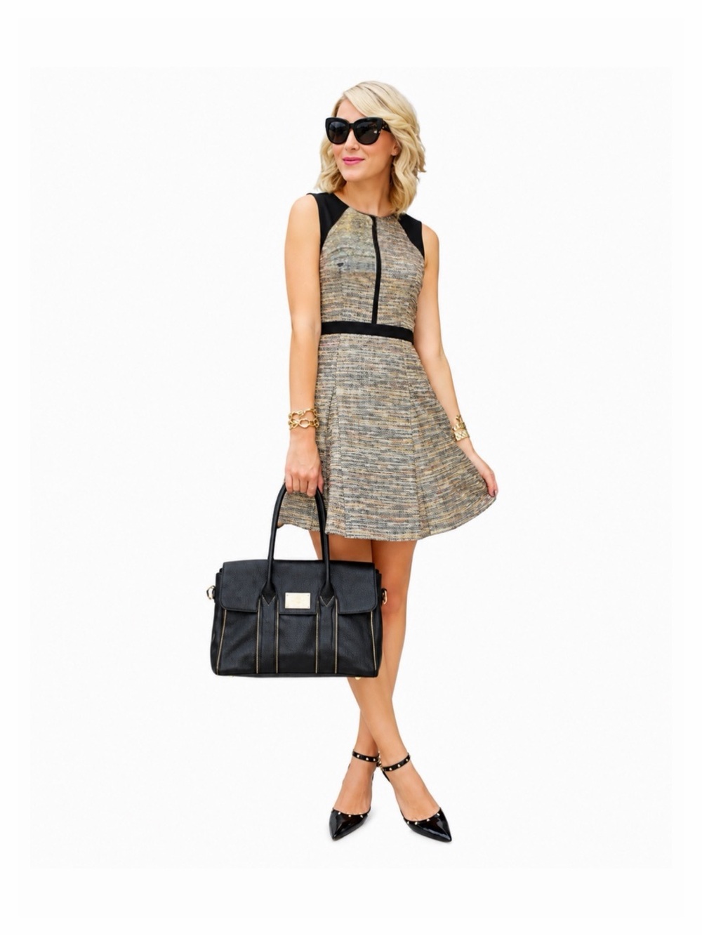 Ali Ro Sleeveless Fit and Flare Dress Black Multi-color Metallic Tweed Size 6